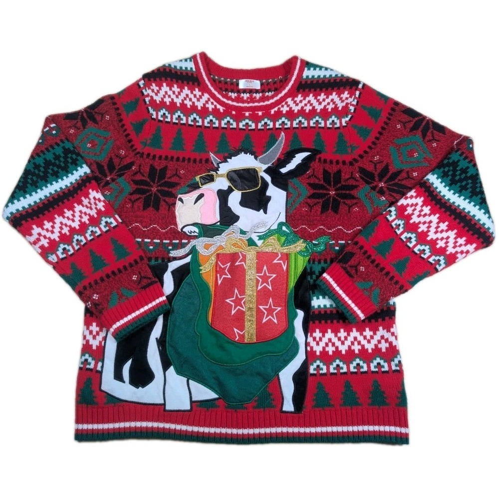 Ugly Christmas Sweater Mens L Cool Cow Sunglasses Drink Pouch Festive Red Tree